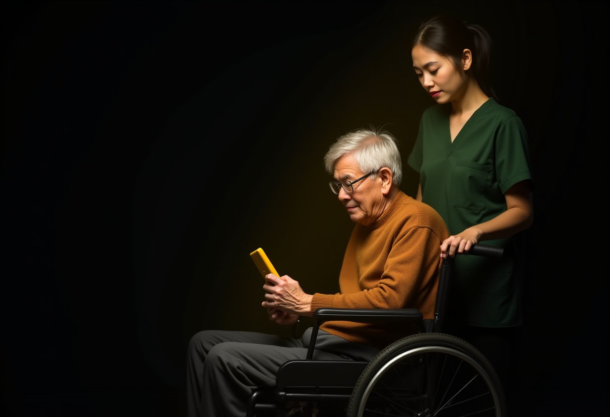 caregiver helping senior dark background image