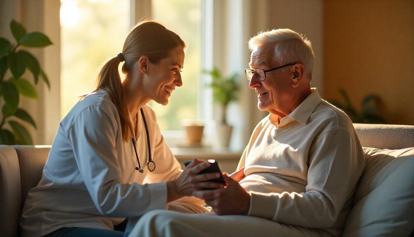 AI caregiving solutions in use by a caregiver and senior in a modern elder care facility.